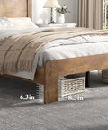 Rustic King Size Wooden Platform Bed Frame With Tall Headboard Open Horizontal Bar Design Natural Wood Grain Farmhouse Bedroom Foundation Built Different For Total Sleep Vibes with detailed dimensions.