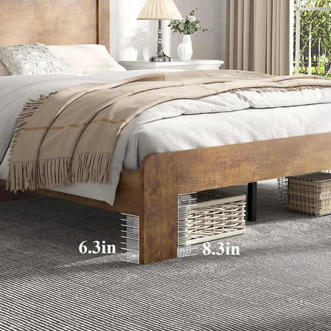 Rustic King Size Wooden Platform Bed Frame With Tall Headboard Open Horizontal Bar Design Natural Wood Grain Farmhouse Bedroom Foundation Built Different For Total Sleep Vibes with detailed dimensions.