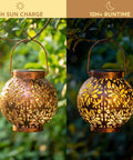 Two Pack Outdoor Solar Hanging Lantern Lights With Handle Waterproof Tabletop LED Moroccan Style Metal Garden Lanterns For Patio Lawn Porch Backyard Dope Lighting lit at night