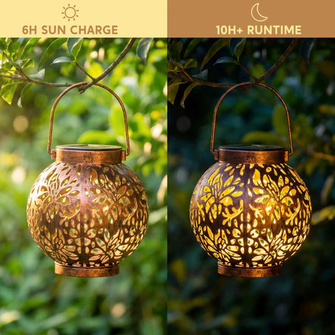 Two Pack Outdoor Solar Hanging Lantern Lights With Handle Waterproof Tabletop LED Moroccan Style Metal Garden Lanterns For Patio Lawn Porch Backyard Dope Lighting lit at night