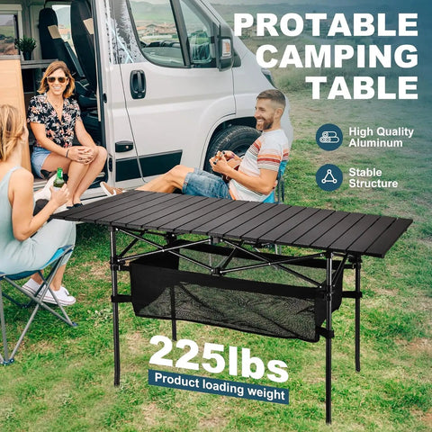 Lightweight Aluminum Folding Camping Table With Portable Roll Up Design For Outdoor Dining On The Go No Fuss Easy Setup 47 Inch By 22 Inch By 27 Inch Waterproof With Carrying Bag For Camping Beach Patio Picnic displayed with campers beside van
