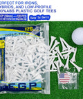 One And A Half Inch Plastic Golf Tees Short Tees For Irons Hybrids Par Threes And Driving Range Game Ready Bulk Pack Of 120 With Four Prongs High Visibility White Low Resistance Performance Tees on grass with golf ball