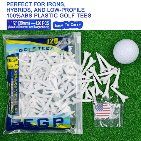 One And A Half Inch Plastic Golf Tees Short Tees For Irons Hybrids Par Threes And Driving Range Game Ready Bulk Pack Of 120 With Four Prongs High Visibility White Low Resistance Performance Tees on grass with golf ball