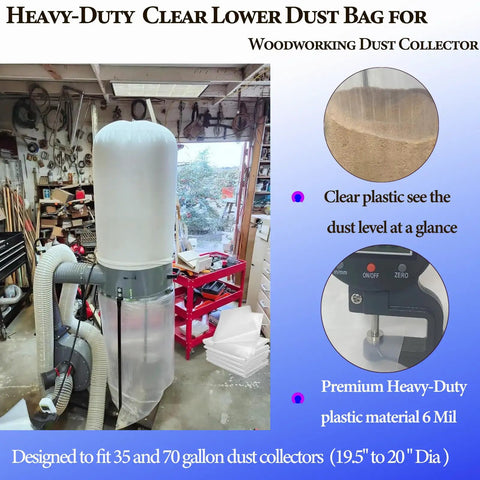 Six Pack Dust Collector Bags 20 Inch Diameter 70 Gallon 6 Mil Heavy Duty Clear Replacement For Woodworking Dust Systems in workshop