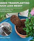 Heavy Duty Bend Proof Stainless Steel Potting Scoop With Wood Handle transferring soil into a planter with plants.