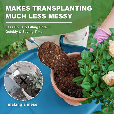 Heavy Duty Bend Proof Stainless Steel Potting Scoop With Wood Handle transferring soil into a planter with plants.