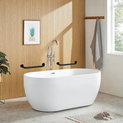 Built Like A Tank Matte Black Stainless Steel Grab Bars 12 Inch Handrail Heavy Duty Safety Rail For Shower Bathroom And Stairway Wall Mounted Quick Install above a modern freestanding bathtub.
