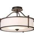 Three Light Drum Shade Semi Flush Mount Ceiling Light In Dark Bronze 18 Inch Close To Ceiling Fixture With Fabric Shade And Frosted Glass Diffuser Sleek Modern Look For Any Room