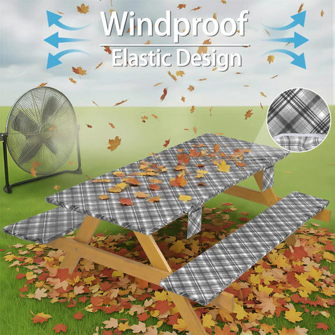Fitted Waterproof Picnic Table Cover Set With Bench Covers Heavy Duty Elastic Outdoor Tablecloth for 6 Foot Rectangular Tables displayed with windproof design