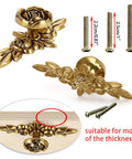 Euro Rose Floral Ivory Cabinet Knobs With Backplates Set Of 5 Drawer Pulls in vintage style, shown with screws and installation example.