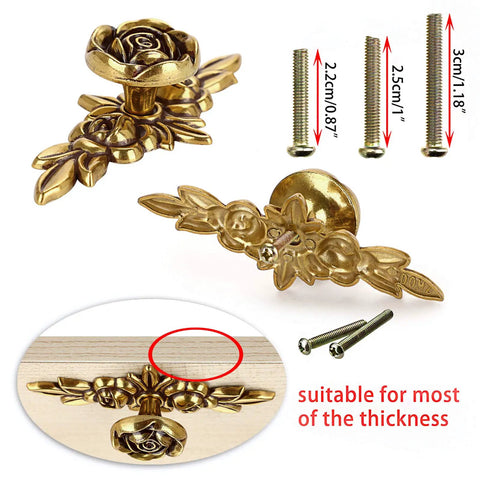 Euro Rose Floral Ivory Cabinet Knobs With Backplates Set Of 5 Drawer Pulls in vintage style, shown with screws and installation example.