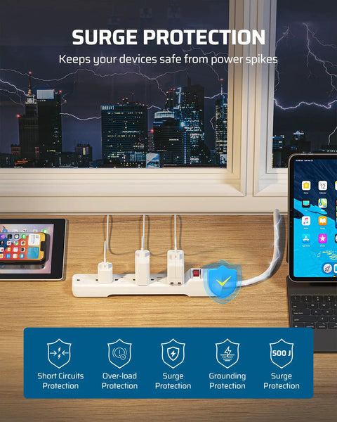 Six Outlet Surge Protector Power Strip With 10 Foot Extension Cord Flat Plug Low Profile Design Wall Mount White UL Listed 15 Amp Circuit Breaker 500 Joules Great for Home Office and Entertainment