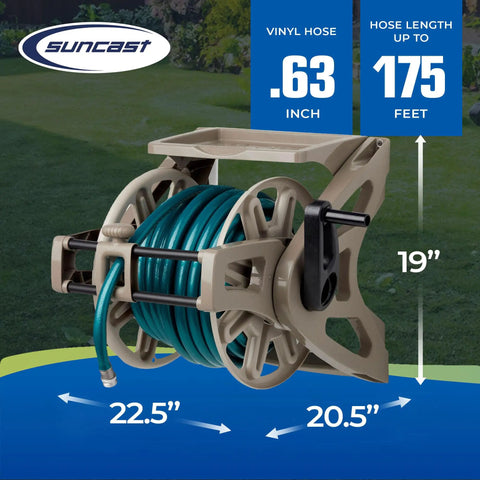 Wall Mount Hose Reel With Storage Tray Space Saving For Five Eighth Inch Vinyl Hose 175 Foot Capacity Outdoor Organizer In Dark Taupe To Keep Your Yard Neat And Hoses Easily Accessible displayed against garden backdrop.