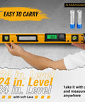 24 Inch Digital Level Featuring A Slick LCD Display And Kickass Magnetic Back That Delivers Dang Precise Angle Readings For Tough DIY Renovation Projects And Daily Trade Work held by a person, showing easy portability and including batteries.