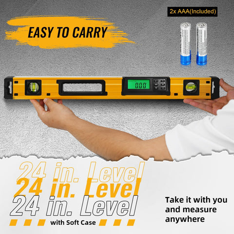 24 Inch Digital Level Featuring A Slick LCD Display And Kickass Magnetic Back That Delivers Dang Precise Angle Readings For Tough DIY Renovation Projects And Daily Trade Work held by a person, showing easy portability and including batteries.