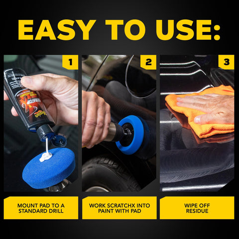 Quik Eraser Kit Car Scratch Remover For Repairing Surface Blemishes Safe On Clear Coats With ScratchX Pro 3-step usage process.