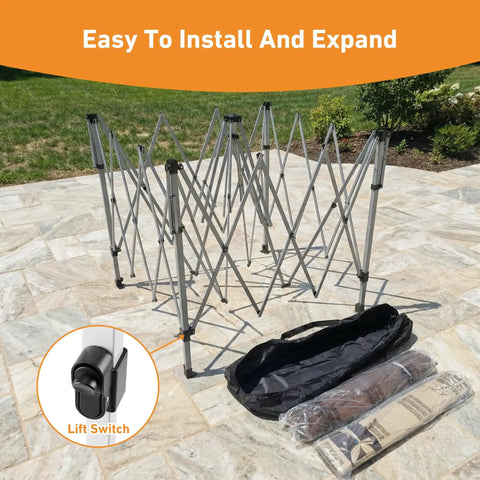 Dope Pop Up Gazebo Tent 11x11 Outdoor Canopy frame with carry bag and accessories on patio, lift switch detail shown.