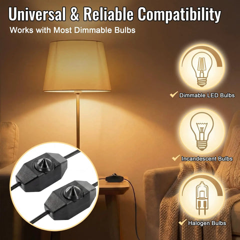 Two Pack Upgraded Inline Dimmer Switch For Lamp Cord Black Super Simple Hookup And Total Vibe Power Control Plus No Fuss Wiring For Modern Indoor Table Lamp Fixtures - dimmer switch with light compatibility displayed.