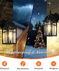 Two Pack All Weather Outdoor Wall Lanterns, Waterproof Aluminum Porch Lights With Clear Glass And Black Finish, Exterior Wall Sconce Lighting For House, Durable Wall Mount Lamps, E26 Socket, Bulbs Not Included shown in different weather conditions