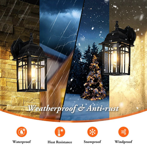 Two Pack All Weather Outdoor Wall Lanterns, Waterproof Aluminum Porch Lights With Clear Glass And Black Finish, Exterior Wall Sconce Lighting For House, Durable Wall Mount Lamps, E26 Socket, Bulbs Not Included shown in different weather conditions
