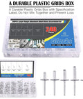 Five Sizes 240 Pieces Large Flange Aluminum Blind Rivets Set shown in a durable plastic storage box with labels