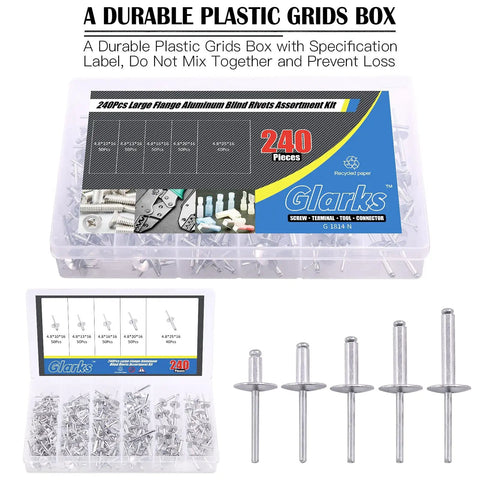 Five Sizes 240 Pieces Large Flange Aluminum Blind Rivets Set shown in a durable plastic storage box with labels