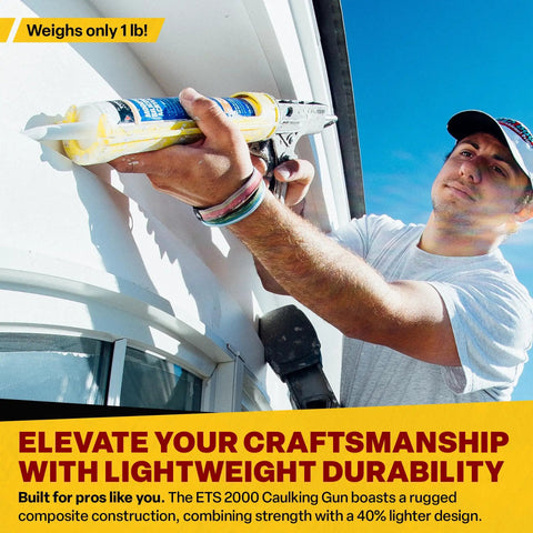 Man using Yellow Composite Caulk Gun For 10 Oz Cartridges No Drip Quick Retracting Mechanism Lightweight Body Twelve To One Thrust