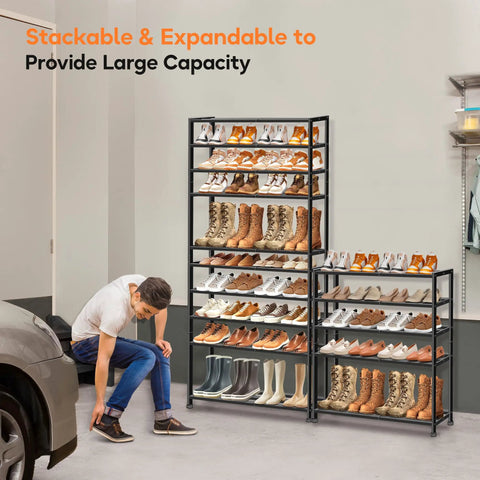 Heavy Duty 5 Tier Metal Shoe Rack Organizer For Garage And Entryway, stackable, holding boots and shoes next to a person tying shoes