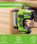 Person using 24V 18-Gauge Brushless Cordless AirStrike Brad Nailer Kit With USB Power Bank Battery and 2A Fast Charger on wood
