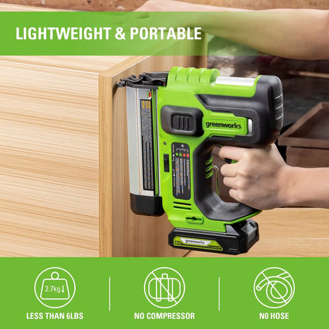 Person using 24V 18-Gauge Brushless Cordless AirStrike Brad Nailer Kit With USB Power Bank Battery and 2A Fast Charger on wood