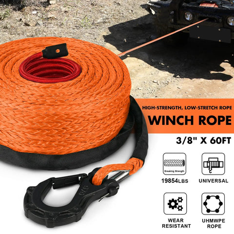 Three Eighth Inch Sixty Foot Synthetic Winch Rope With Dyneema Core 19,854 Lb Capacity Hook And Sleeve Protection in use