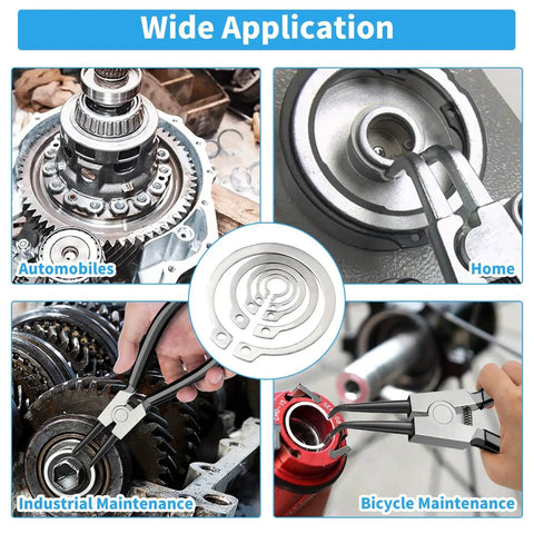 46mm External Circlips OD 304 Stainless Steel C Clip Retaining Rings Pack Of 20 For Automobiles Valves Bearings And Electrical Systems High Tensile Strength Rust Resistant Easy Install shown in various applications including automobiles and bicycles.