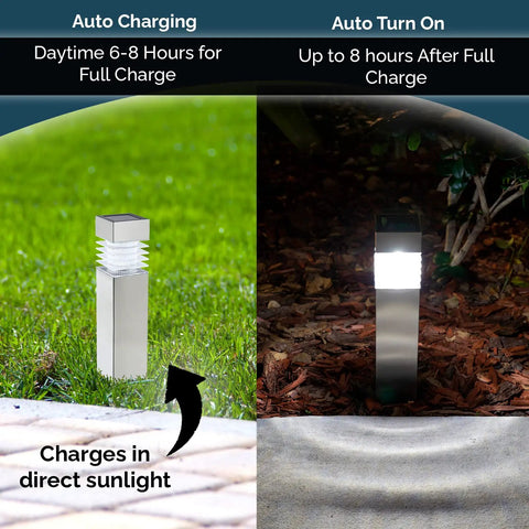Eight Pack Solar Pathway Lights With Auto On Off Led Outdoor Landscape Lighting For Garden Yard Lawn Patio Walkway Driveway Waterproof IP44 Dusk To Dawn Square Stakes Easy Setup No Fuss Durable Stainless Steel And Weatherproof Plastic charging in sunlight
