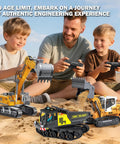 Father and sons playing with Grown Up Metal Mini Remote Control Loader With Lever Driven Digging System 1 to 1 Scale on sand