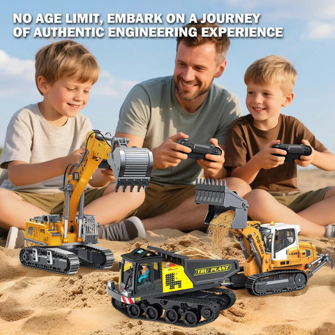 Father and sons playing with Grown Up Metal Mini Remote Control Loader With Lever Driven Digging System 1 to 1 Scale on sand