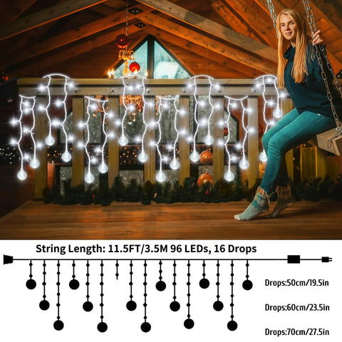 Dope Christmas Globe Curtain Lights 11.5Ft 96LED Crystal Ball Fairy Lights installed in a cozy indoor setting