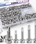 Top Shelf 410 Stainless Steel Self Drilling Tek Screws, Heavy Ball Hex Washer Head Assortment Kit, includes rubber washers in a clear box.