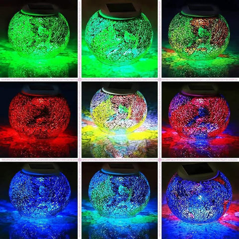 Nine Color Changing Mosaic Solar Glass Globe Lights displaying various colors for garden patio yard waterproof decor.