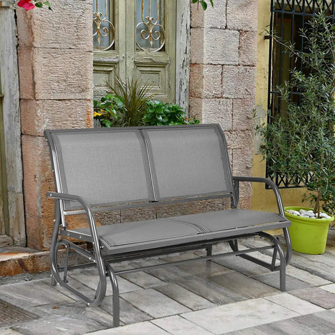 Two Person Swing Glider Chair 48 Inch Spacious Outdoor Lounge Bench For Patio Backyard Poolside Lawn Indoor Use Durable Steel Frame Weatherproof Fabric Cozy And Chill against rustic backdrop