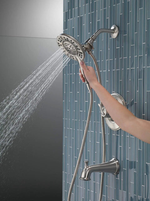 Linden 17 Series Dual Function Tub And Shower Trim Kit With In2ition 4 Spray 2 In 1 Handheld Shower Head And Hose Stainless Finish T17494 SS I Valve Not Included in action