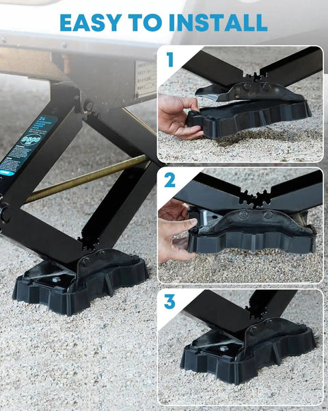 Easy installation guide for Two Pack RV Stabilizer Jack Pads For Scissor Jacks 8.75 To 9.5 Inch Base By 5.5 Inch Wide Heavy Duty Rubber Foot Plates