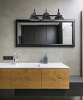 Modern bathroom with Five Piece Matte Black Bathroom Accessory Set With A 24 Inch Three Light Vanity Fixture E26 Base Towel Bar