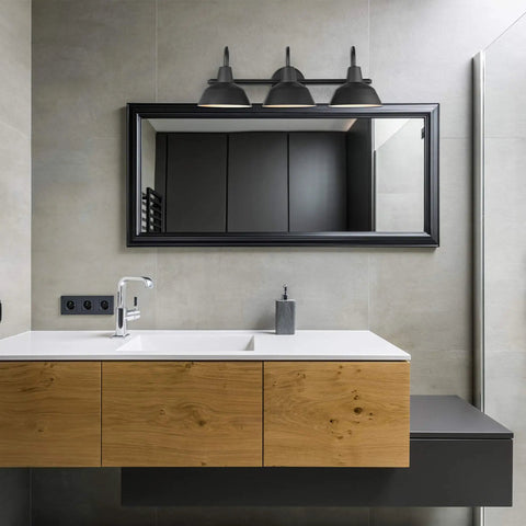 Modern bathroom with Five Piece Matte Black Bathroom Accessory Set With A 24 Inch Three Light Vanity Fixture E26 Base Towel Bar