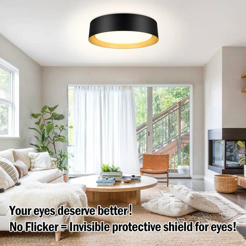 Flush Mount LED Ceiling Light 13 Inch 2400 Lumens 25W Dimmable With 3 Color Temperatures 3000K 4000K 5000K Black Gold Modern Lamp