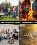 Collage of outdoor activities with people enjoying a Santa Maria Style Rotisserie Rotating System for Solo Stove Yukon 27 Inch Smokeless Fire Pit