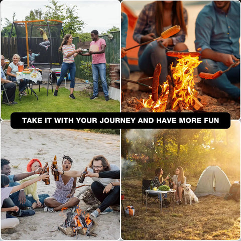 Collage of outdoor activities with people enjoying a Santa Maria Style Rotisserie Rotating System for Solo Stove Yukon 27 Inch Smokeless Fire Pit