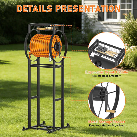 Heavy-Duty Hose Reel Stand With Storage Rack, 125 Feet, Five Eighth Inch Hose Organizer on a lawn, includes details inset.