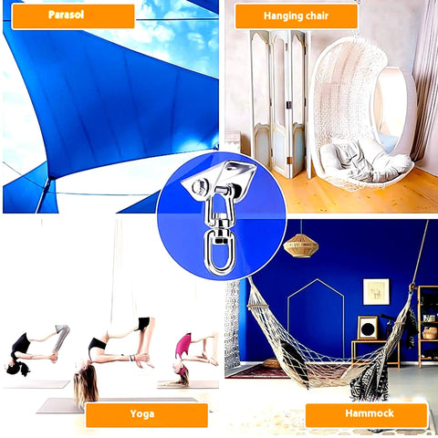 Ultra Strong 1000 Lb 304 Stainless Steel Swivel Hook With 360 Degree Rotation And Four Mounting Screws For Wall Or Wood Mounts in use with parasol, hanging chair, yoga, hammock setups.