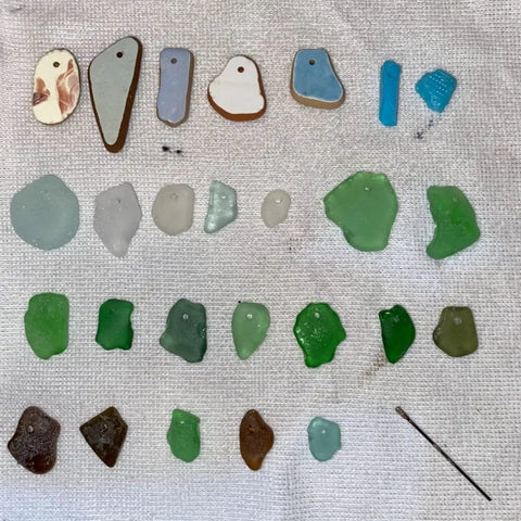 Assorted sea glass and shells drilled with 60 Piece Diamond Drill Bit Set For Jewelry Making And Lapidary, 1mm 2mm And 3mm Mix