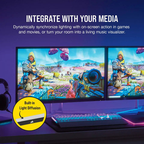 Dual monitors with Icue LS100 LED Smart Lighting Strip Starter Kit for immersive ambient RGB lighting syncing with games.